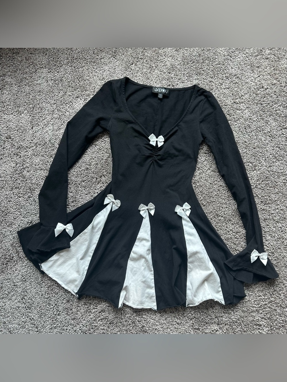 Dolls Kill Black and White Long Sleeve Skater Dress with Bows